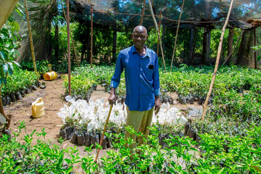 In addition to farming, Joshua prepares seedlings to sell, supporting Kenya's initiative to plant 15 billion new trees.
